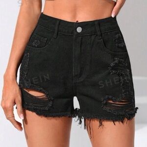 SHEIN Essnce Ripped Raw Hem Denim Shorts, black size 2